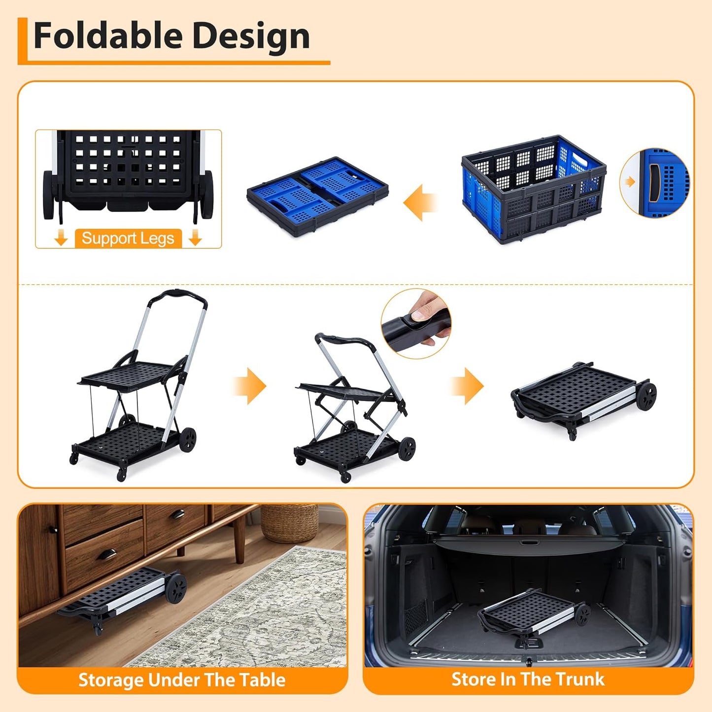 🛒 Collapsible Rolling Cart – Foldable Shopping Cart with Wheels for Easy Transport ✨