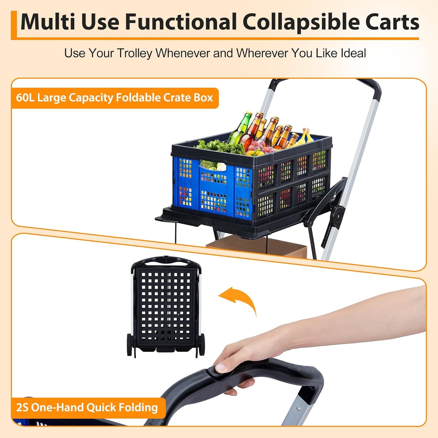 🛒 Collapsible Rolling Cart – Foldable Shopping Cart with Wheels for Easy Transport ✨